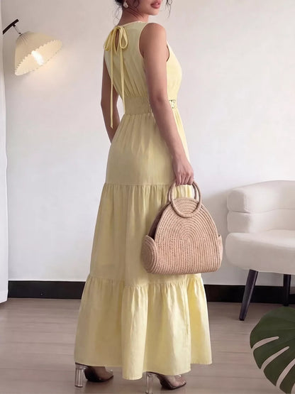 Sleeveless Tiered Lace Trim Maxi Dress