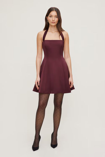 Amaya Satin Halter Mini Dress-Zinfandel Burgundy