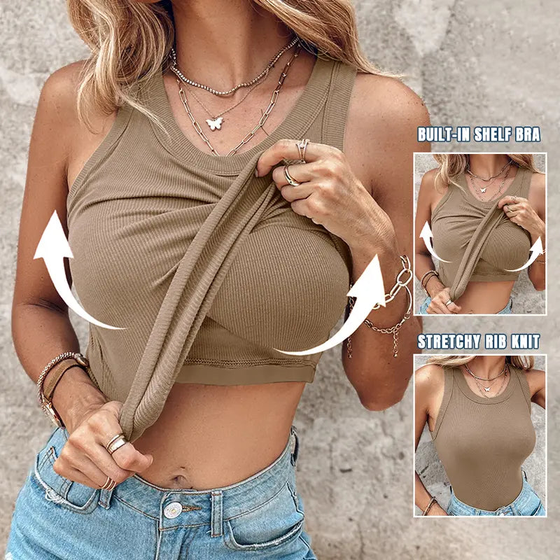 🍃Round Neck Built-in Bra Ribbed Tank Top