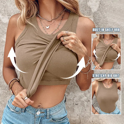 🍃Round Neck Built-in Bra Ribbed Tank Top