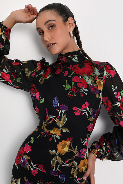 Graceful Arrival Black Floral Burnout Backless Maxi Dress