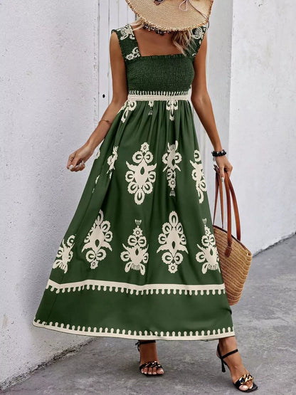 Smocked Printed Square Neck Maxi Dress