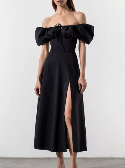 Puff Sleeve Tie Front Slit Midi Dress