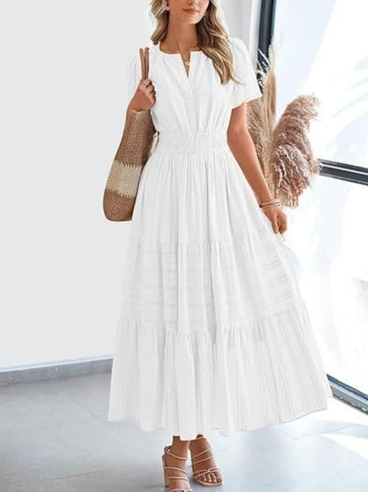 Notched Short Sleeve Tiered Dress