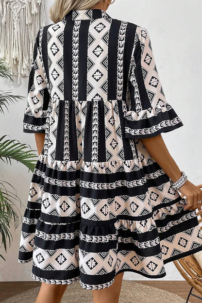 Geometric Print Ruffle Hem Mini Dress