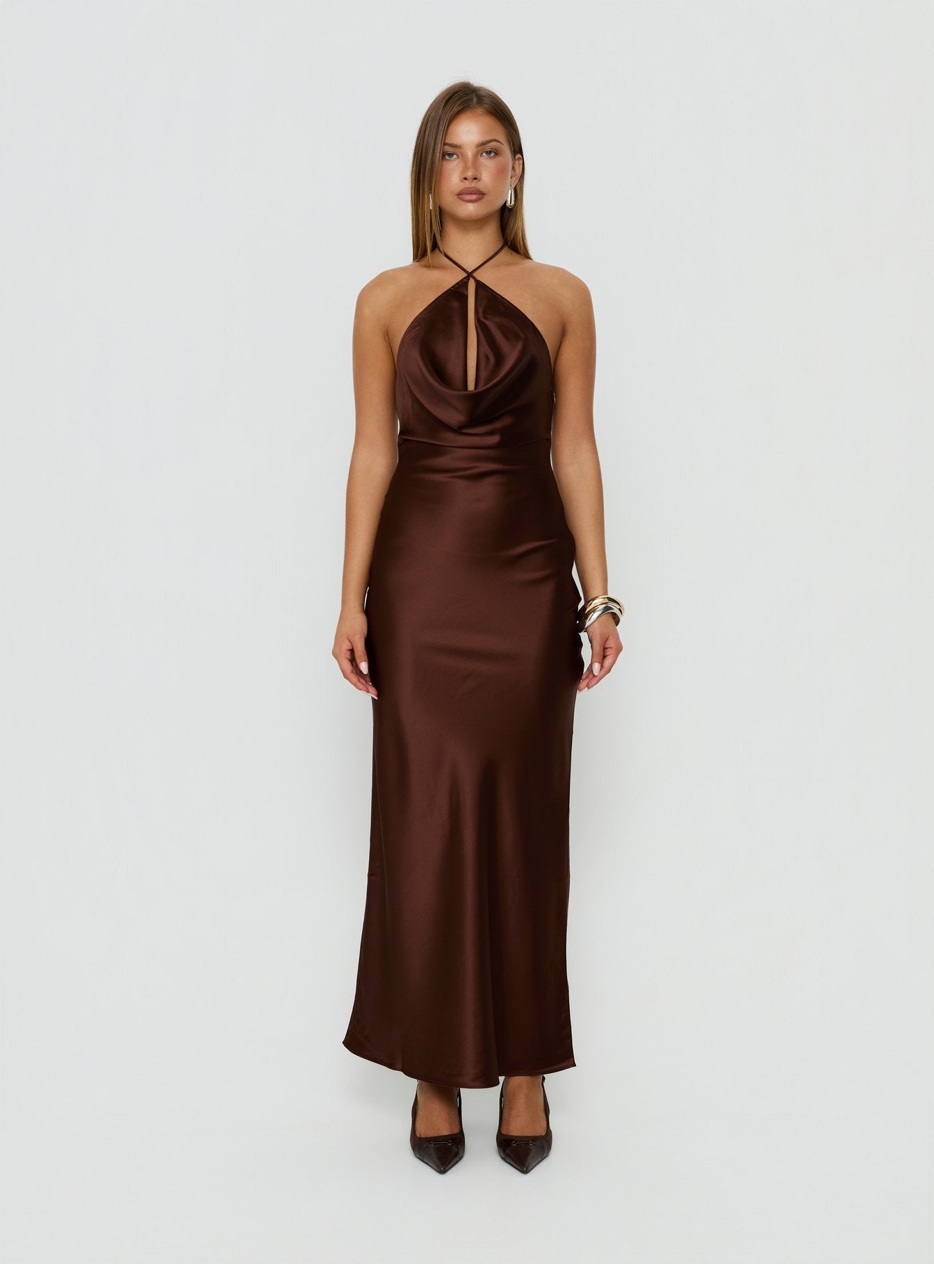 Yazmeina Halter Keyhole Maxi Dress Brown