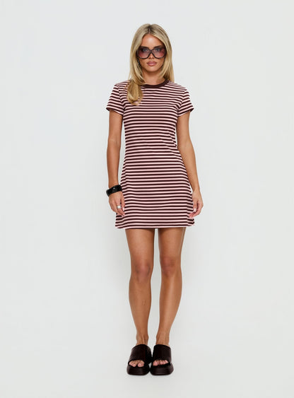 Settle Down Short Sleeve Mini Dress Pink / Brown Stripe