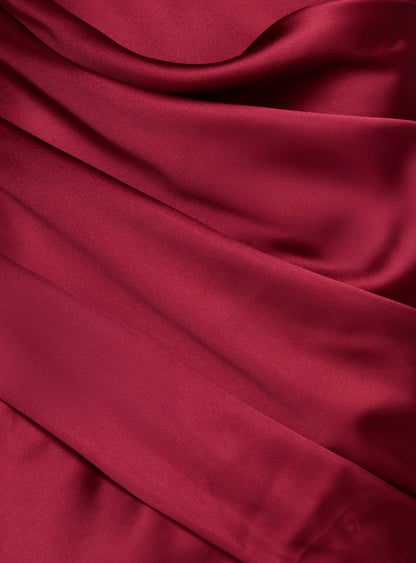 False Alarm Plunge Asymmetrical Pleat Maxi Dress Red
