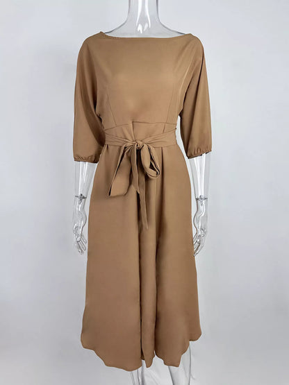 Boat Neck Tie Waist Dress