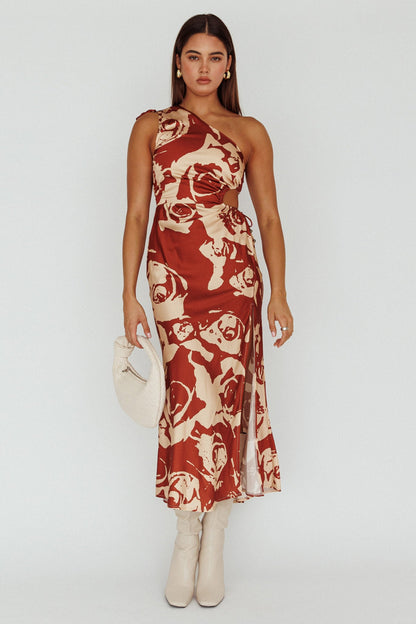 Charisma One-Shoulder Cut-Out Midi Dress Floral Coffee