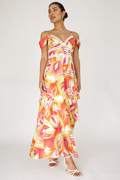 Seina Off-Shoulder Crochet Trim Dress Print Orange