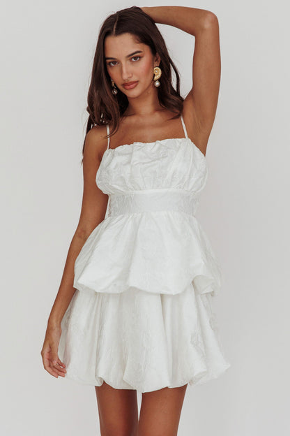 Zilara Bubble Hem Bow Mini Dress Jacquard White
