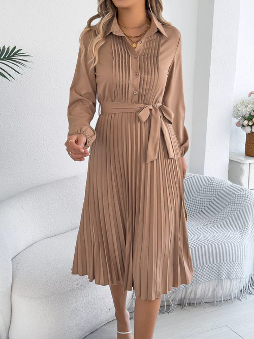 Pleated Tie Waist Balloon Sleeve Dress