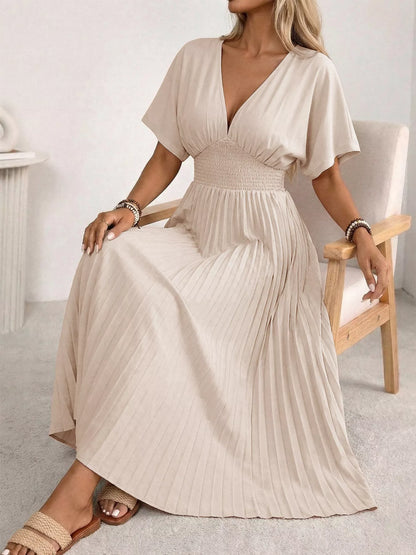 Pleated V-Neck Midi Dress