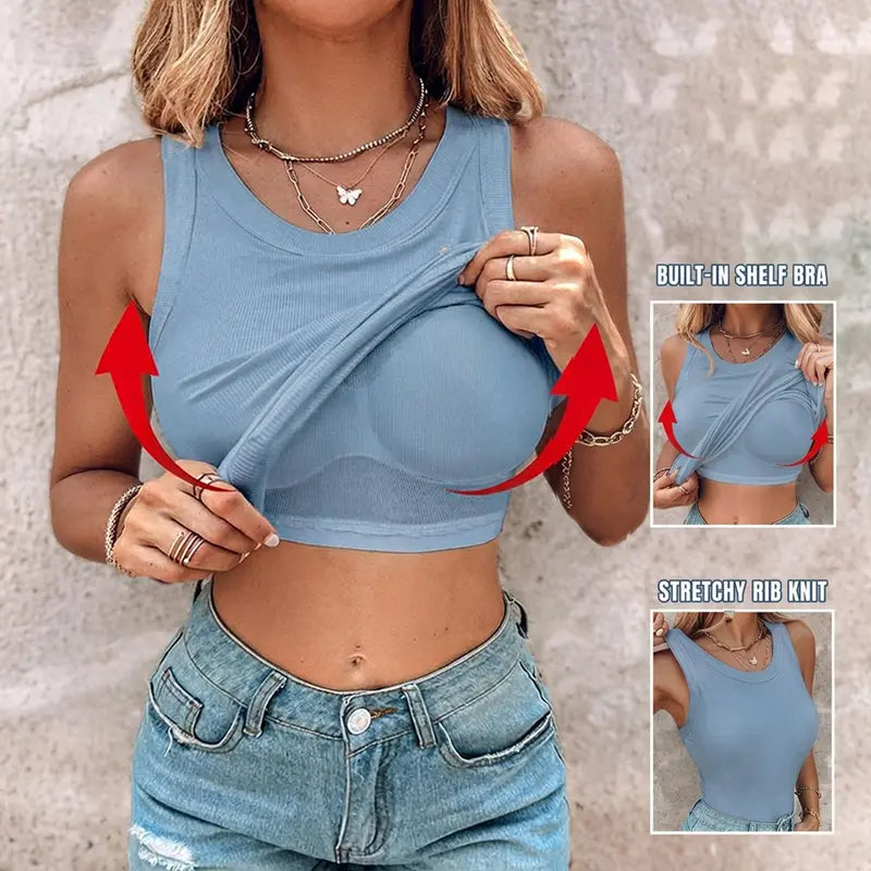 🍃Round Neck Built-in Bra Ribbed Tank Top