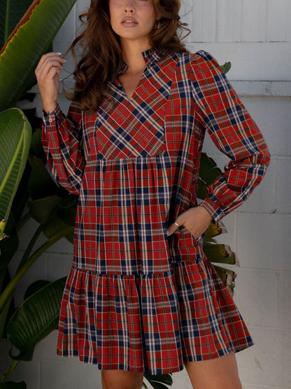 Plaid Print Frilly Collar Long Sleeve Shift Mini Dress