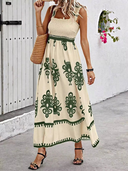 Smocked Printed Square Neck Maxi Dress