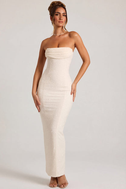 Embellished Bandeau Cowl Neck Maxi Dress in Snow