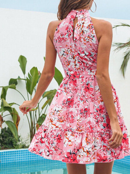 Floral Print Halter Neck Mini Dress