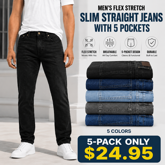 Men's Flex Stretch Slim Straight Jeans with 5 Pockets Denim Fabric Menswear