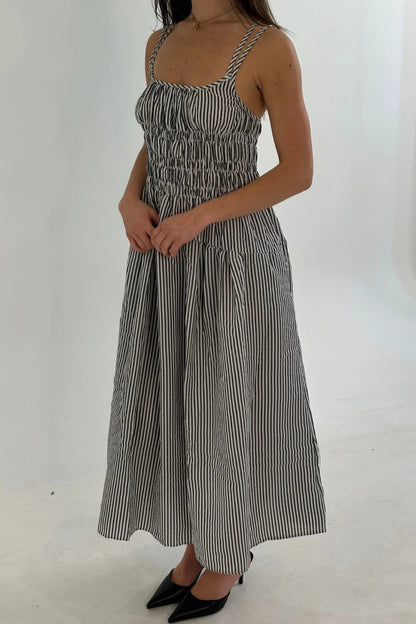 Striped Smocked Bodice Midi Dress