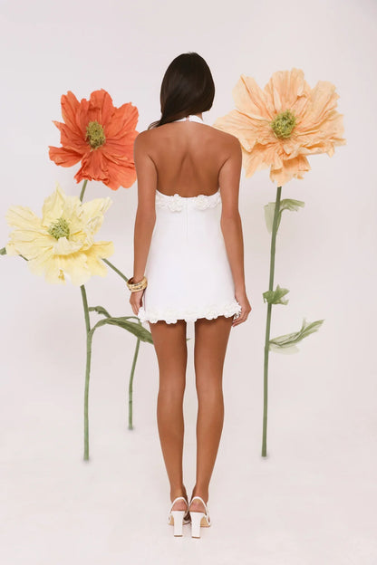 Field Of Petals Halter Mini Dress White