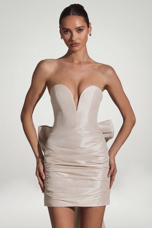 Satin Bow-Detail Strapless Mini Dress in Ivory
