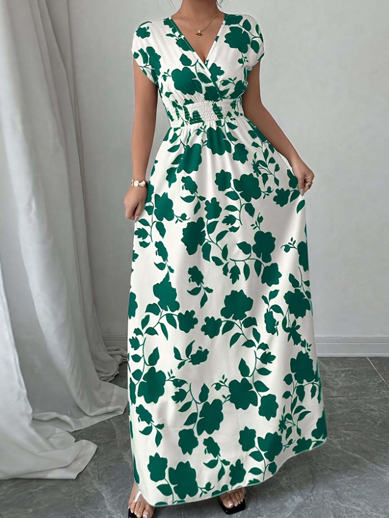 Printed Surplice Cap Sleeve Maxi Dress