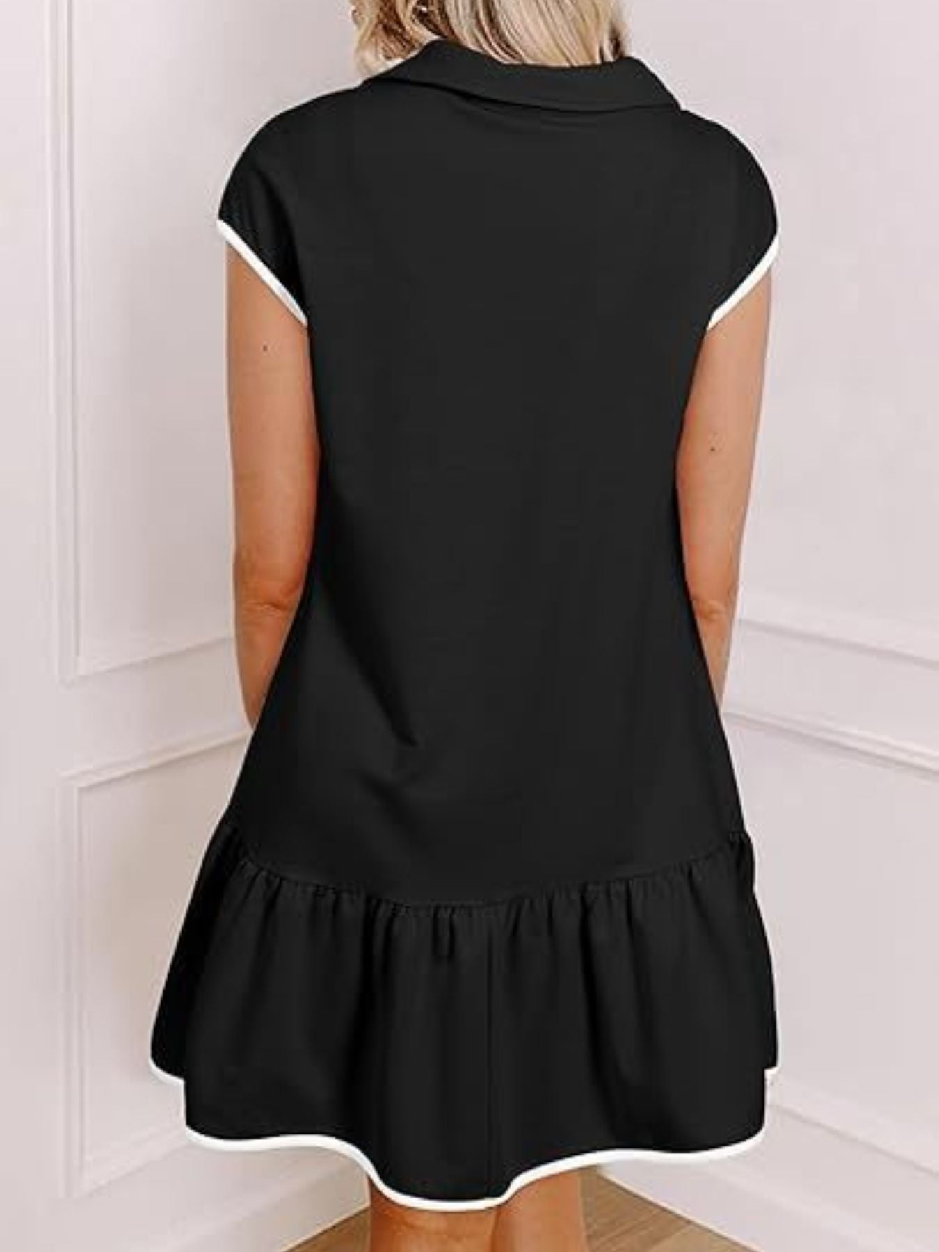 Zip Front Cap Sleeve Ruffle Hem Dress
