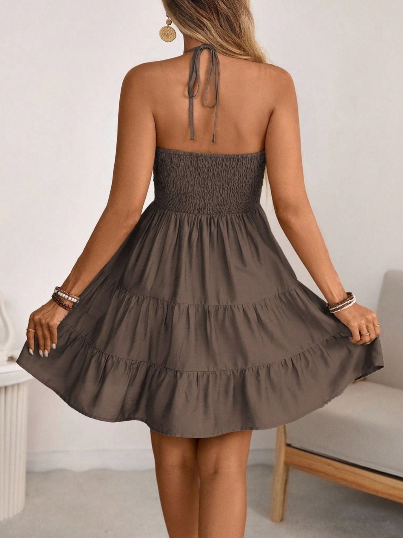 Smocked Halter Neck Tiered Dress