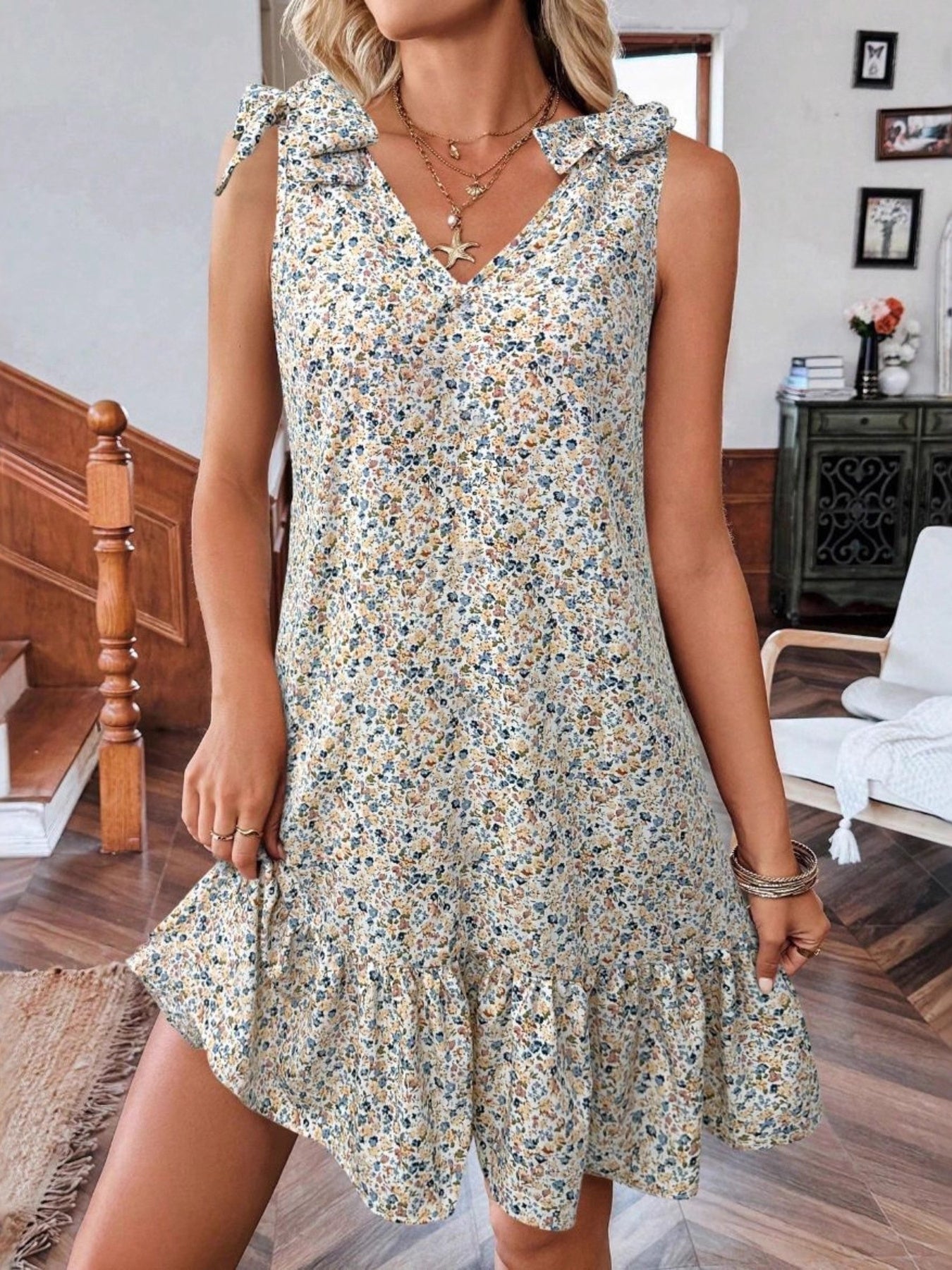 Floral Print Tie Strap Ruffle Hem Mini Dress