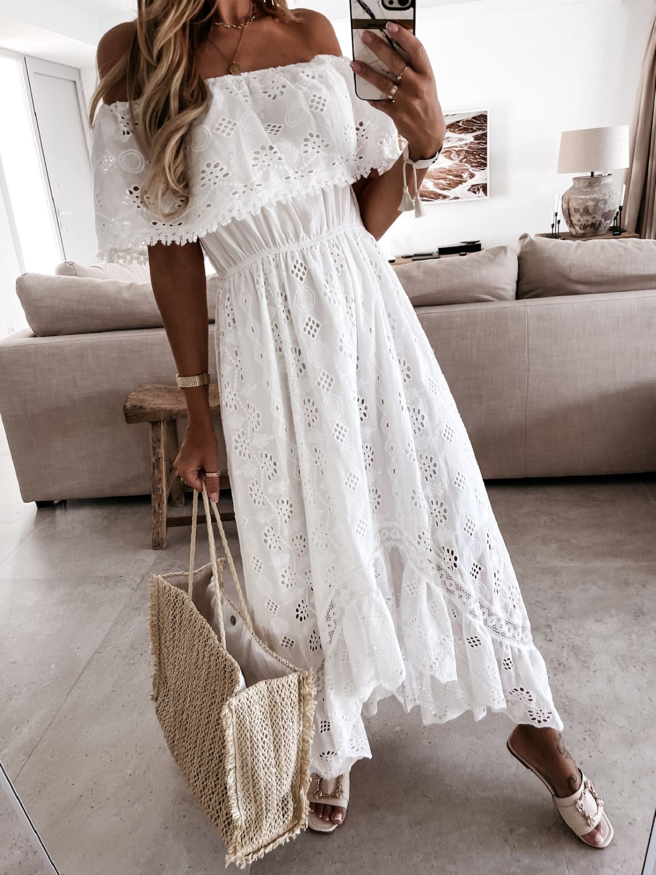 Off-Shoulder Eyelet Lace High-Low Maxi Dress