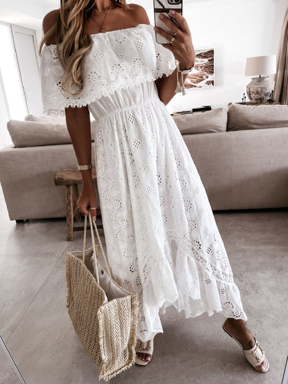 Off-Shoulder Eyelet Lace High-Low Maxi Dress