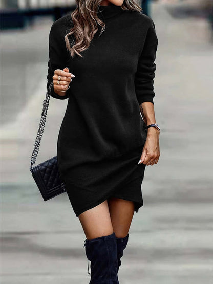 Turtleneck Long Sleeve Asymmetrical Hem Mini Dress