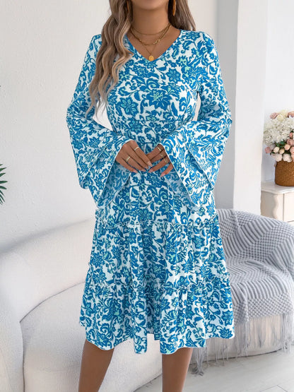 Floral Print Smocked Ruffle Hem Flared Sleeve Dress