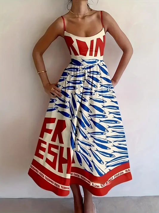 Sardine Print Spaghetti Strap Midi Dress