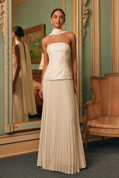 Eloise White Jacquard Pleated Maxi Dress and Scarf Set