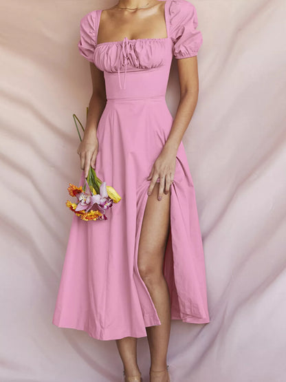 Puff Sleeve Tie Front Slit Midi Dress