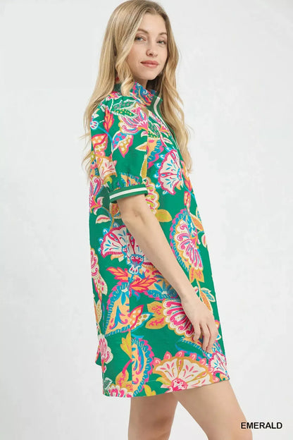 Umgee Jacquard Paisley Print Puff Sleeve Tunic Dress