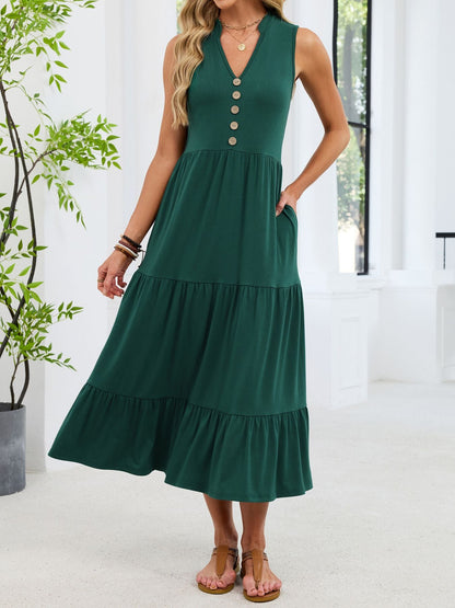 Sleeveless Notched Tiered Midi Dress