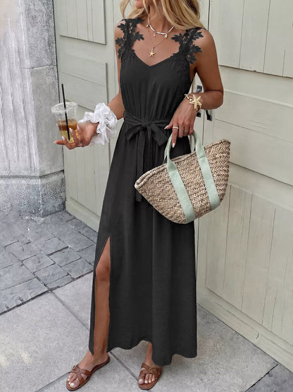 Lace Trim Slit Maxi Dress