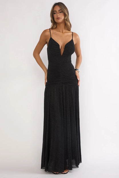 Orizel Pintuck Drop Waist Maxi Dress Sparkle Black