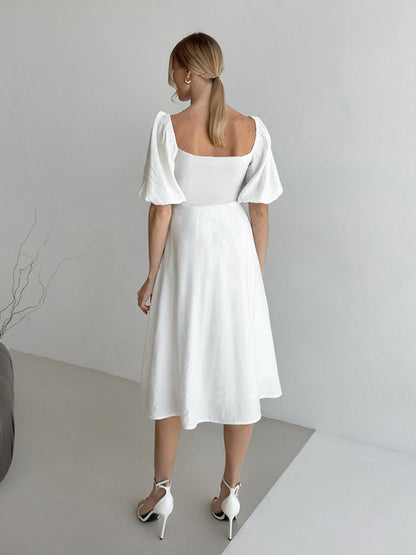 Twisted Front Puff Sleeve Midi Dress
