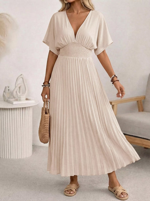 Pleated V-Neck Midi Dress