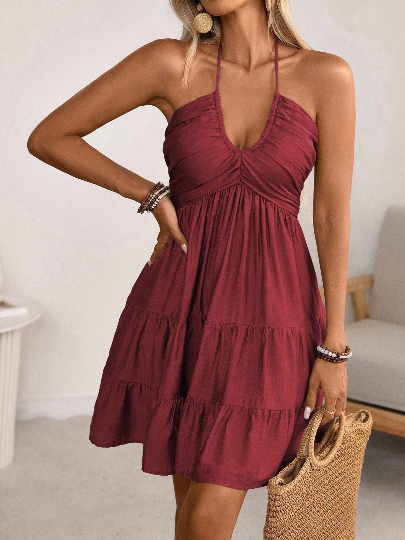 Smocked Halter Neck Tiered Dress