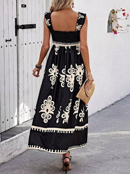 Smocked Printed Square Neck Maxi Dress