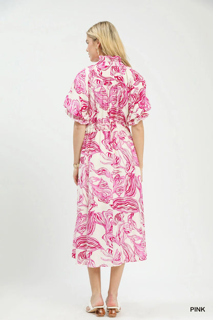 Umgee Abstract Print Smocked Tie Waist Midi Dress
