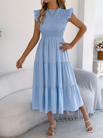 Smocked Ruffled Cap Sleeve Dress