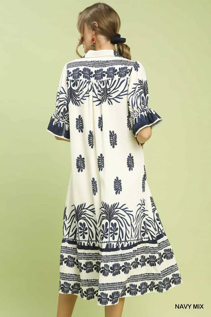 Umgee Border Print Midi Dress with Puff Sleeves