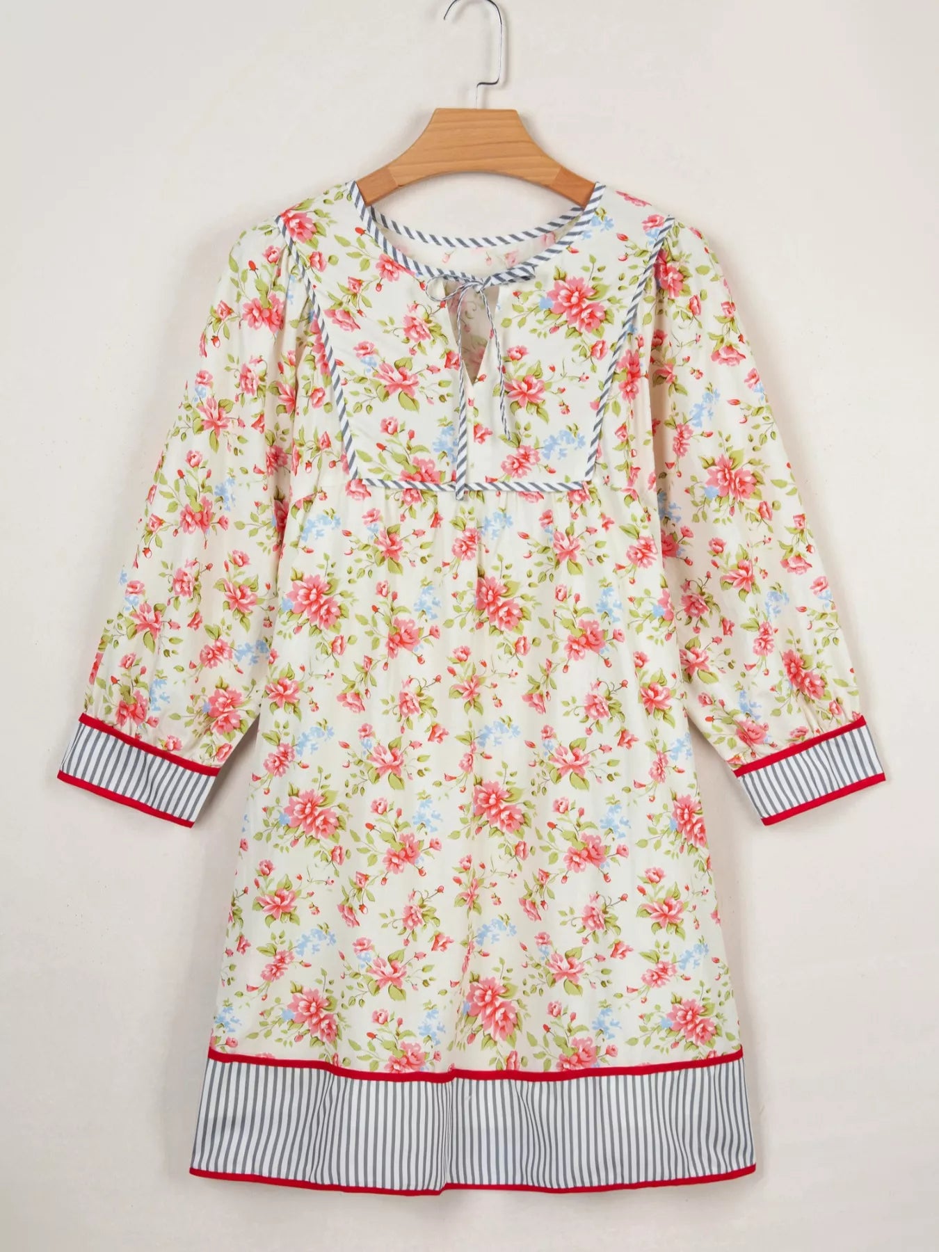 Striped Edge 3/4 Puff Sleeve Floral Dress